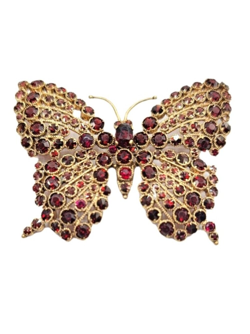 Czechoslovakia Gold Tone Red Prong Set Rhinestone Butterfly Brooch Signed
